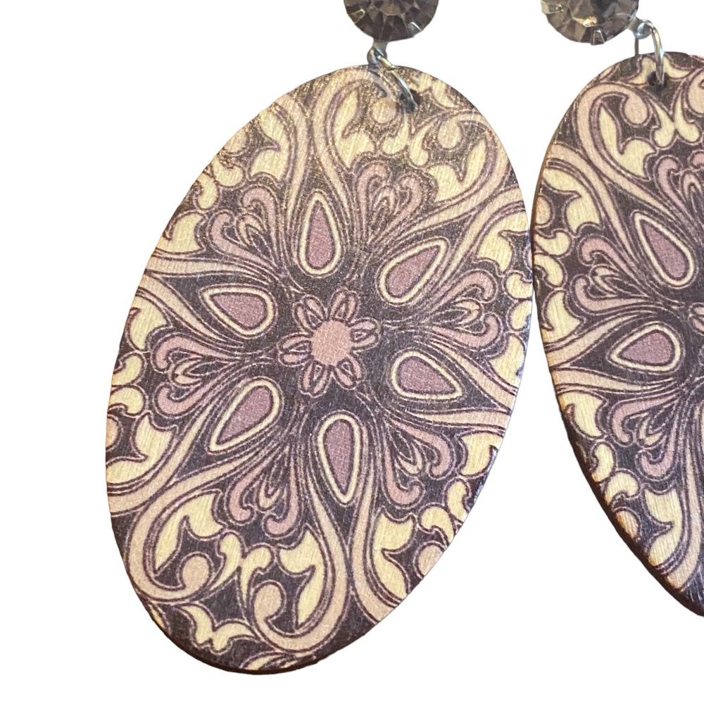 Boho Style Lightweight Painted Wood Oval Drop Earrings - Picture 2 of 5